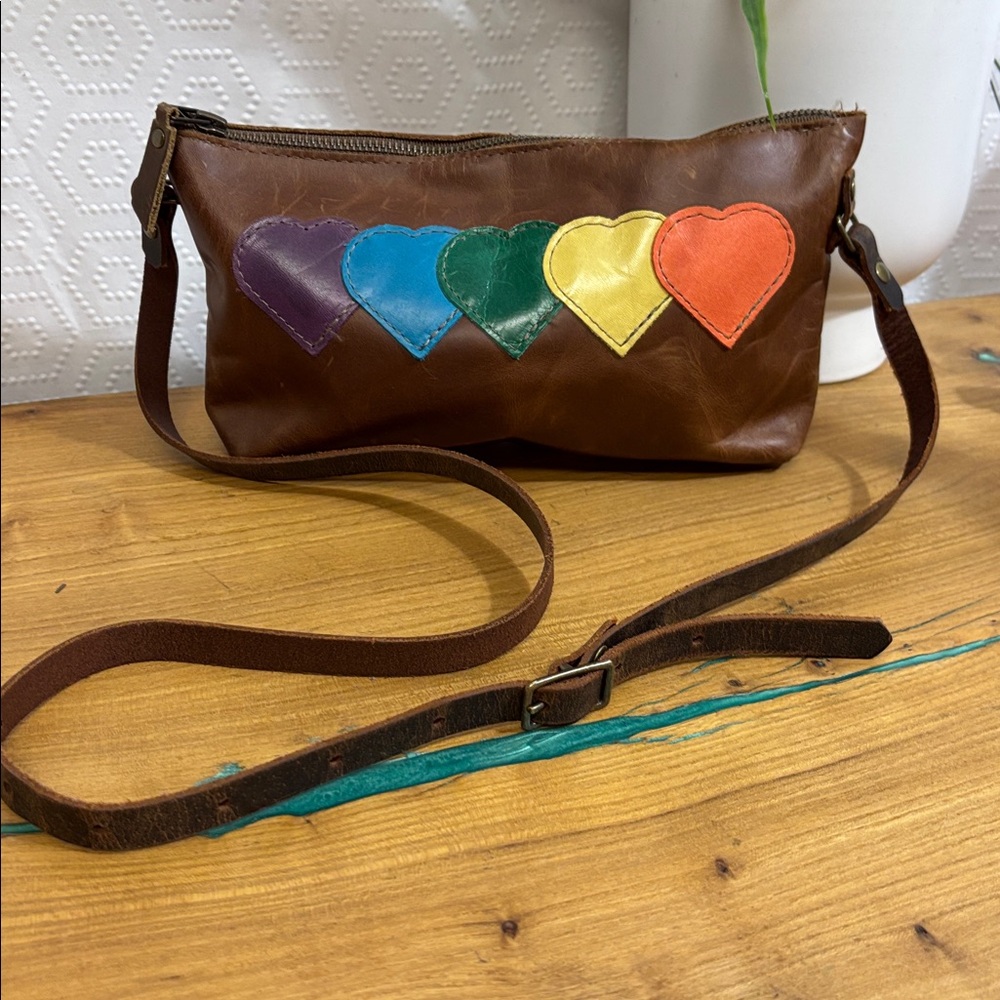 In Blue Handmade Genuine Leather Purse rainbow hearts